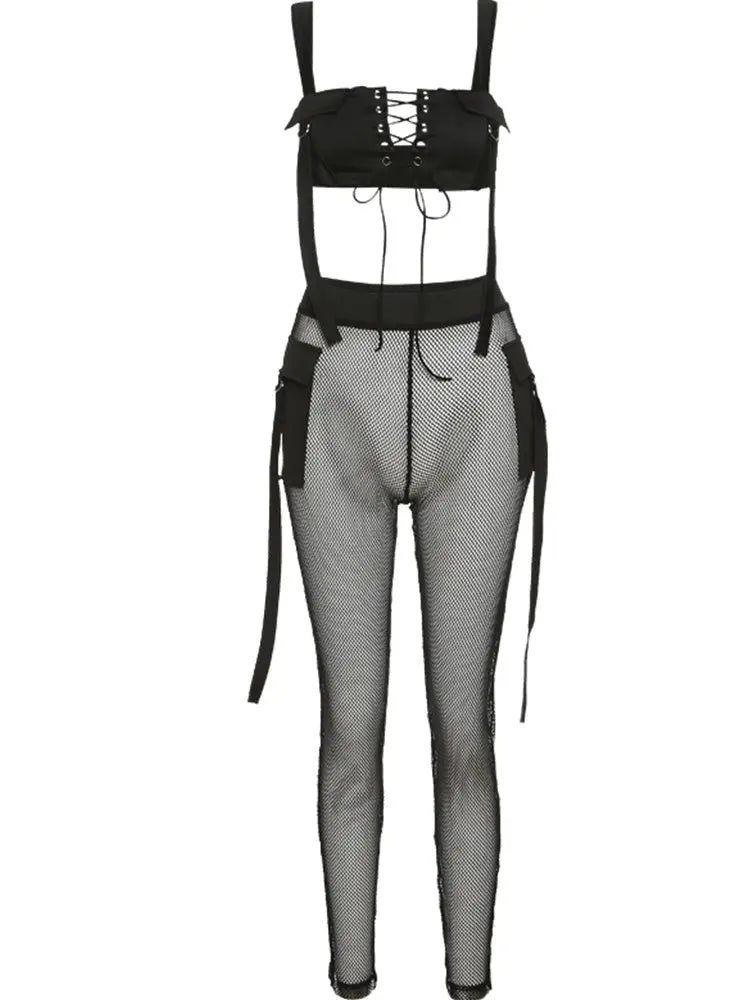 See Through Mesh Crop Top and Trousers Two Piece Set Casual Streetwear 2022 - Blade & Thread