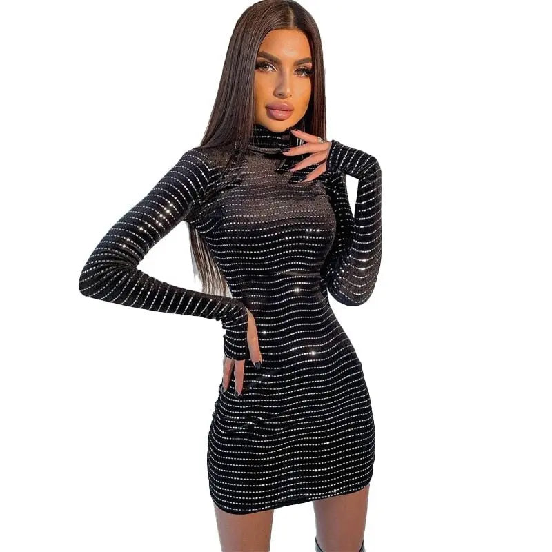 Sequins Long Sleeve Turtleneck Bodycon Slim Sexy Mini Dress Party Club Y2K - Blade & Thread