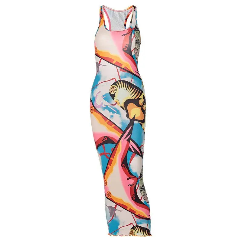 Sleeveless Hollow Out Straps Asymmetric Print Backless Ruched Sexy Maxi Dress - Blade & Thread