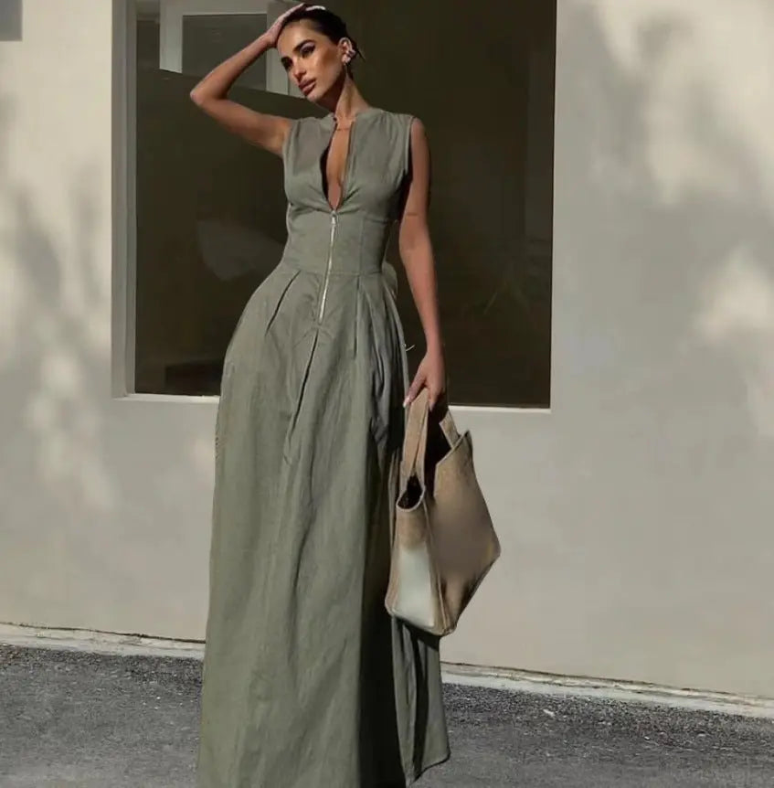 Sleeveless V-neck zipper neck long dress - Blade & Thread