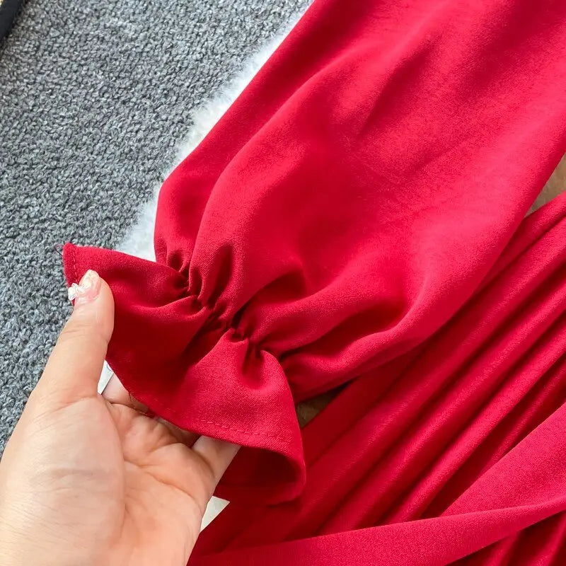 Slim Dress Elegant A Line V Neck Puff Sleeve Chiffon Pullover Mid-Calf Dresses - Blade & Thread