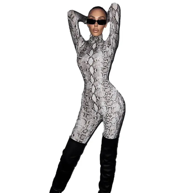Snake Print Turtleneck Long Sleeve Zip Up Sexy Bodycon Jumpsuit Streetwear - Blade & Thread