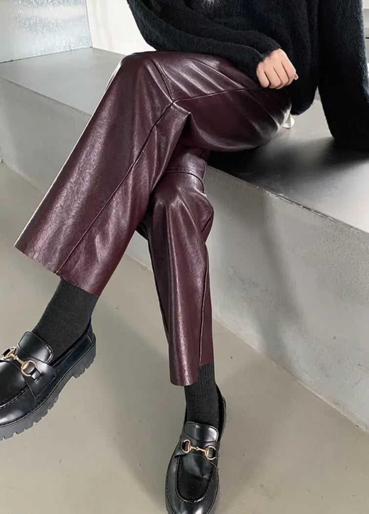 Spring Autumn PU Leather Pants Women High Waist Pockets Faux Leather Harem Pants - Blade & Thread