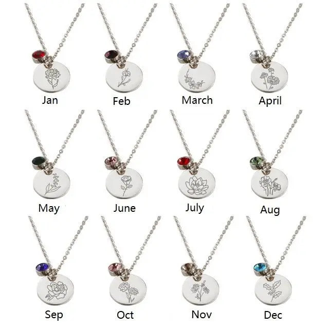 Stainless Steel Birth Flower Necklaces Birthstone Choker Necklace - Blade & Thread
