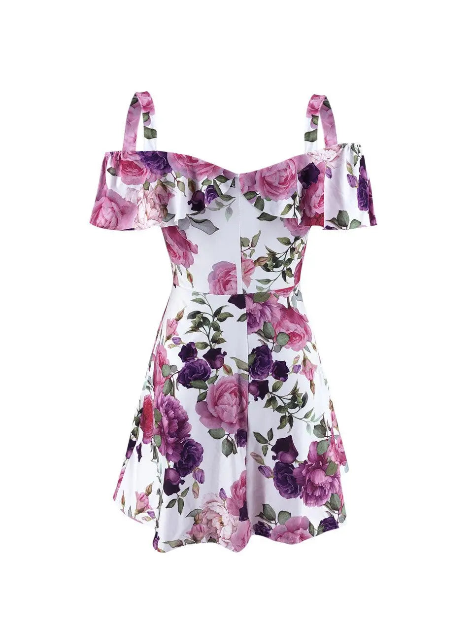 Streetwear Rullfes Decor Sling Strapless Short Sleeve Flower Print Mini Summer Dress - Blade & Thread