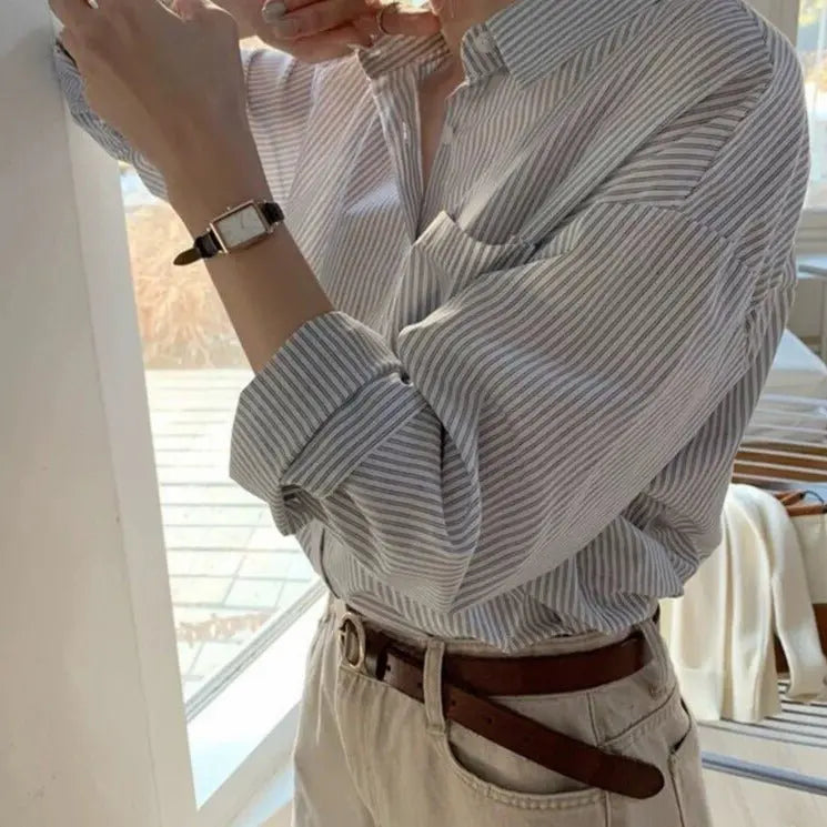 Striped Blouses Turn-down Collar Long Sleeve Loose Female Shirts Casual Tops - Blade & Thread