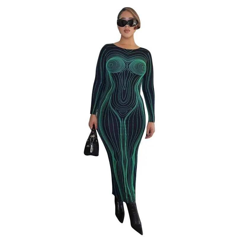 Striped Print Long Sleeve See Through Sexy Bodycon Maxi Dress - Blade & Thread