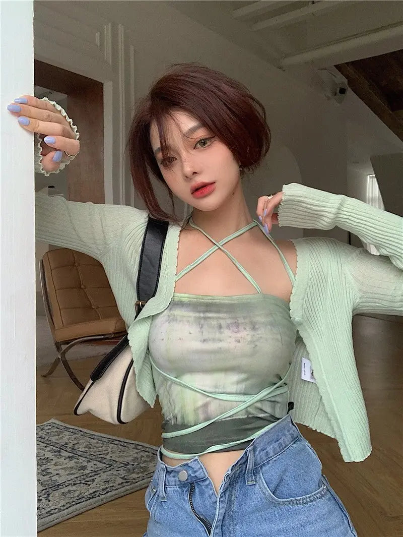 Summer Cardigan Two Piece Sets Women Fashion Slim Green Tie-dye Tops+See Through Thin Knitted - Blade & Thread