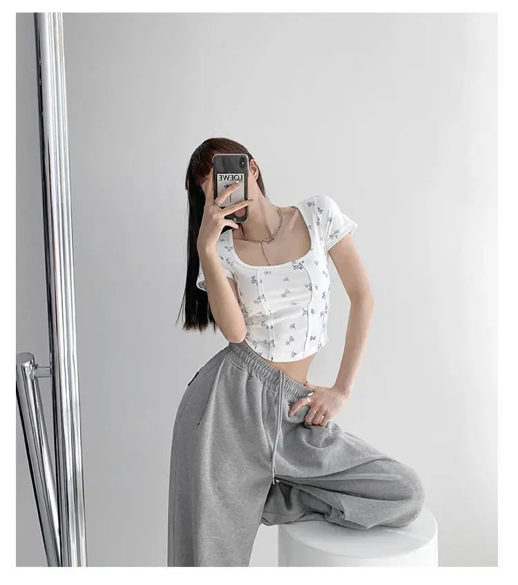 Summer Floral Cropped Top Women Slim Square Neck Short Sleeve White T-shirts Female - Blade & Thread