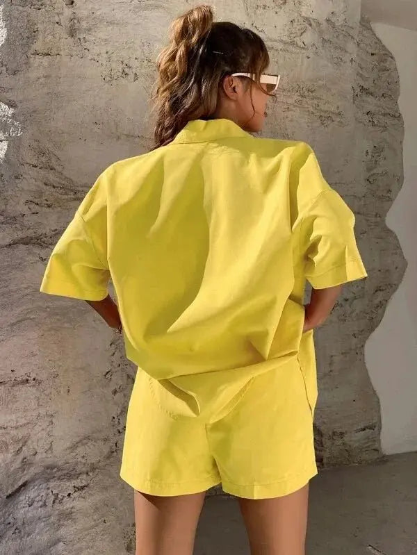 Summer Single breasted Top Broad legged Shorts Set Solid Suits - Blade & Thread