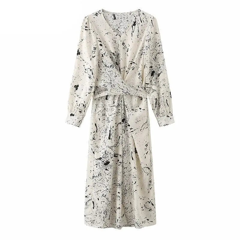 V-neck Long Sleeve Printed Dress Slim Waist Lace-up Split Midi Dress vestidos - Blade & Thread