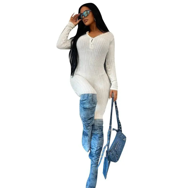 V-Neck Long Sleeves Buttons Bodycon Skinny Jumpsuit Rompers - Blade & Thread