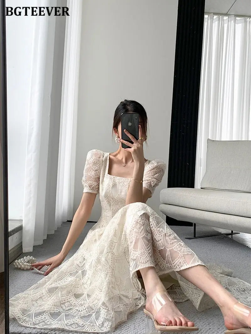 Vintage Square Collar Lace Dress Women Short Sleeve Slim Waist Embroidery Female - Blade & Thread