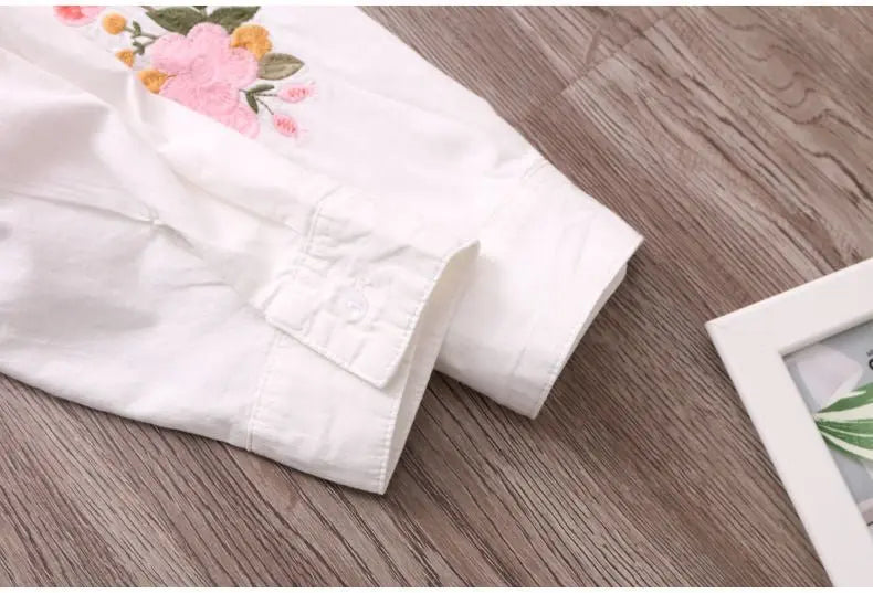 White Shirt Casual Wear Button Up Turn Down Collar Long Sleeve Cotton Blouse Embroidery - Blade & Thread