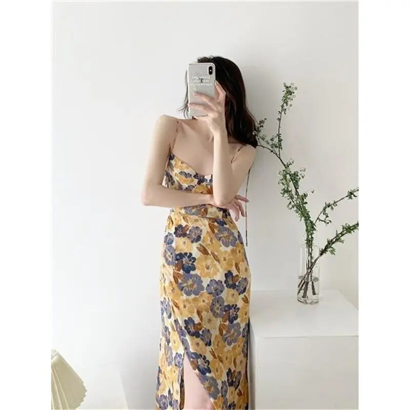 Women Floral Strap Dress Summer French Vintage Square Collar Slit Sleeveless Long Dresses - Blade & Thread
