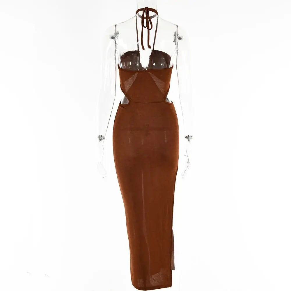Women Halter Cut Out Backless Corset Midi Dress High Waist Split Slim Grunge Vestidos 2022 Summer - Blade & Thread