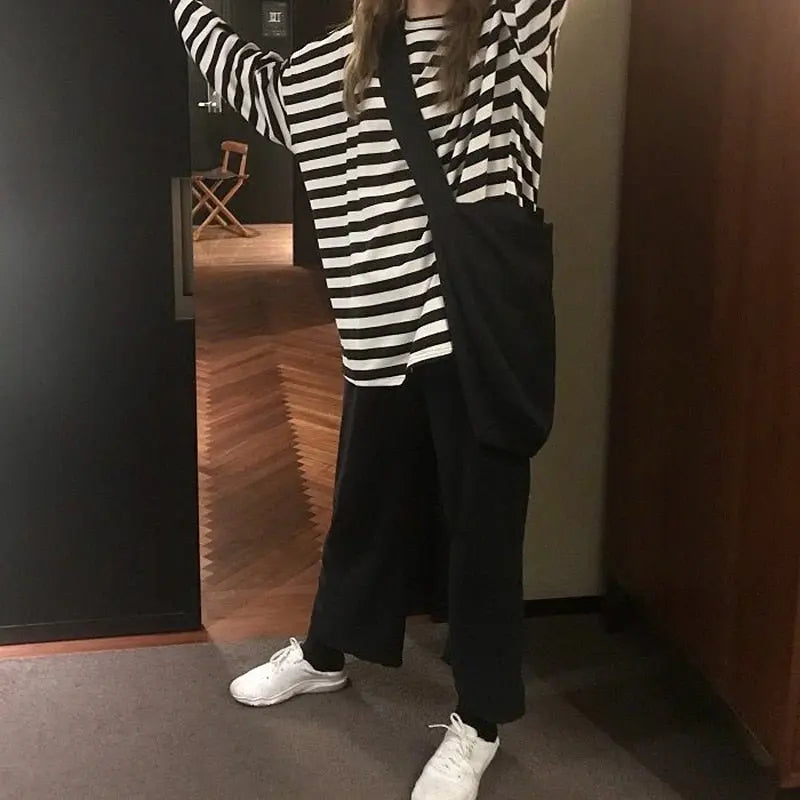 Women harajuku Striped Tshirt Long Sleeve O-Neck T-Shirts Casual oversized T Shirt - Blade & Thread