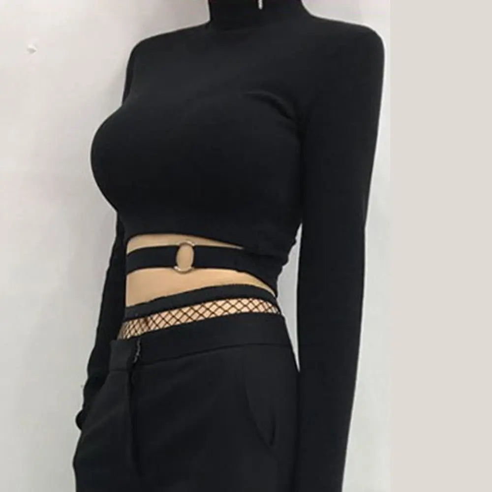 Women Slim Short T-shirt Sexy Tight Turtleneck Long Sleeve Goth Crop Top - Blade & Thread
