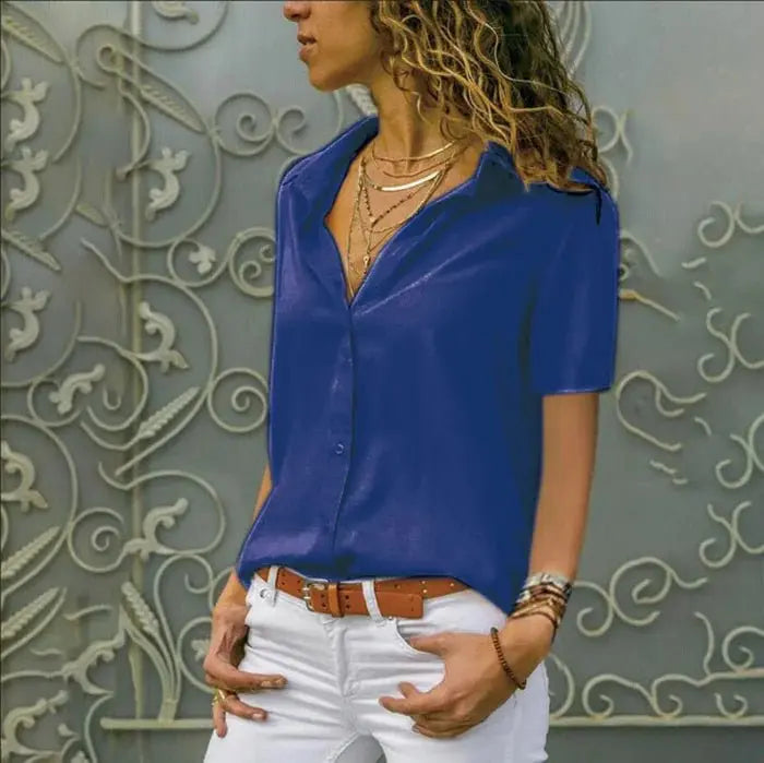 Women Solid White Blouse Tops Office Lady Work Chiffon Button - Blade & Thread