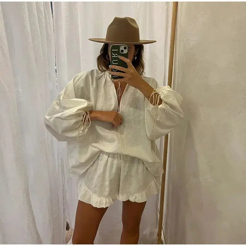 Women's Solid Cotton Linen Ruffle Shorts Suit V-neck Long Sleeve Drawstring Loose 2 Pieces Set - Blade & Thread