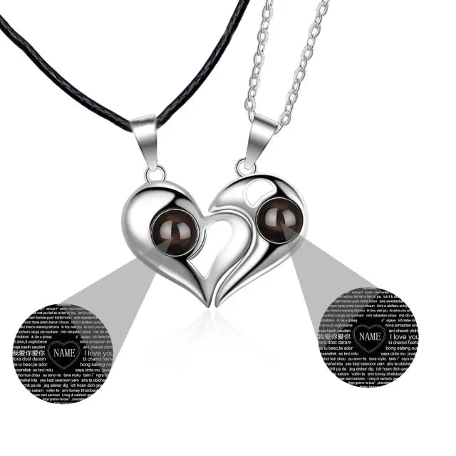 1 Pair Name Couple Heart Shape 100 Languages I Love You Projection Pendant Necklace nowadaysfashion