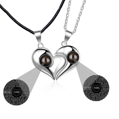 1 Pair Name Couple Heart Shape 100 Languages I Love You Projection Pendant Necklace - Blade & Thread
