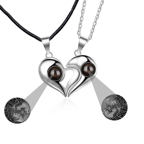 1 Pair Personalized Custom Photo Couple Heart Shape Projection Pendant Necklace - Blade & Thread