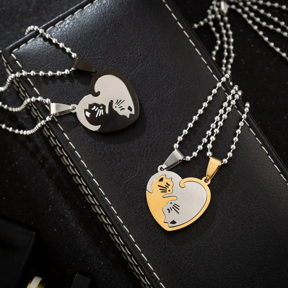 1 Set Couple Charm Cat Pendant Necklace Women Men Stainless Steel Girl Gift Jewelry Blue Cololr nowadaysfashion