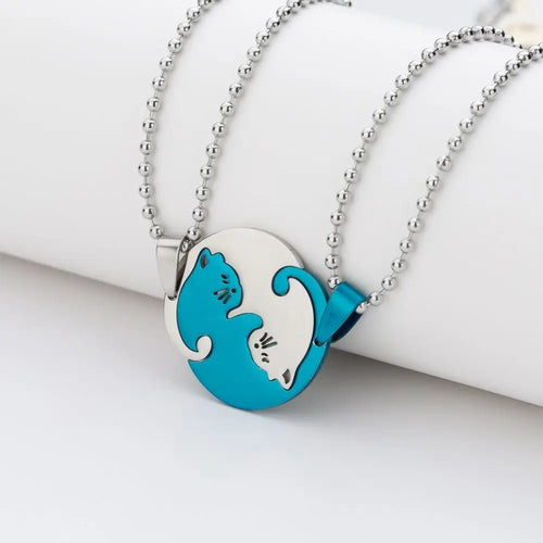 1 Set Couple Charm Cat Pendant Necklace Women Men Stainless Steel Girl Gift Jewelry Blue Cololr nowadaysfashion