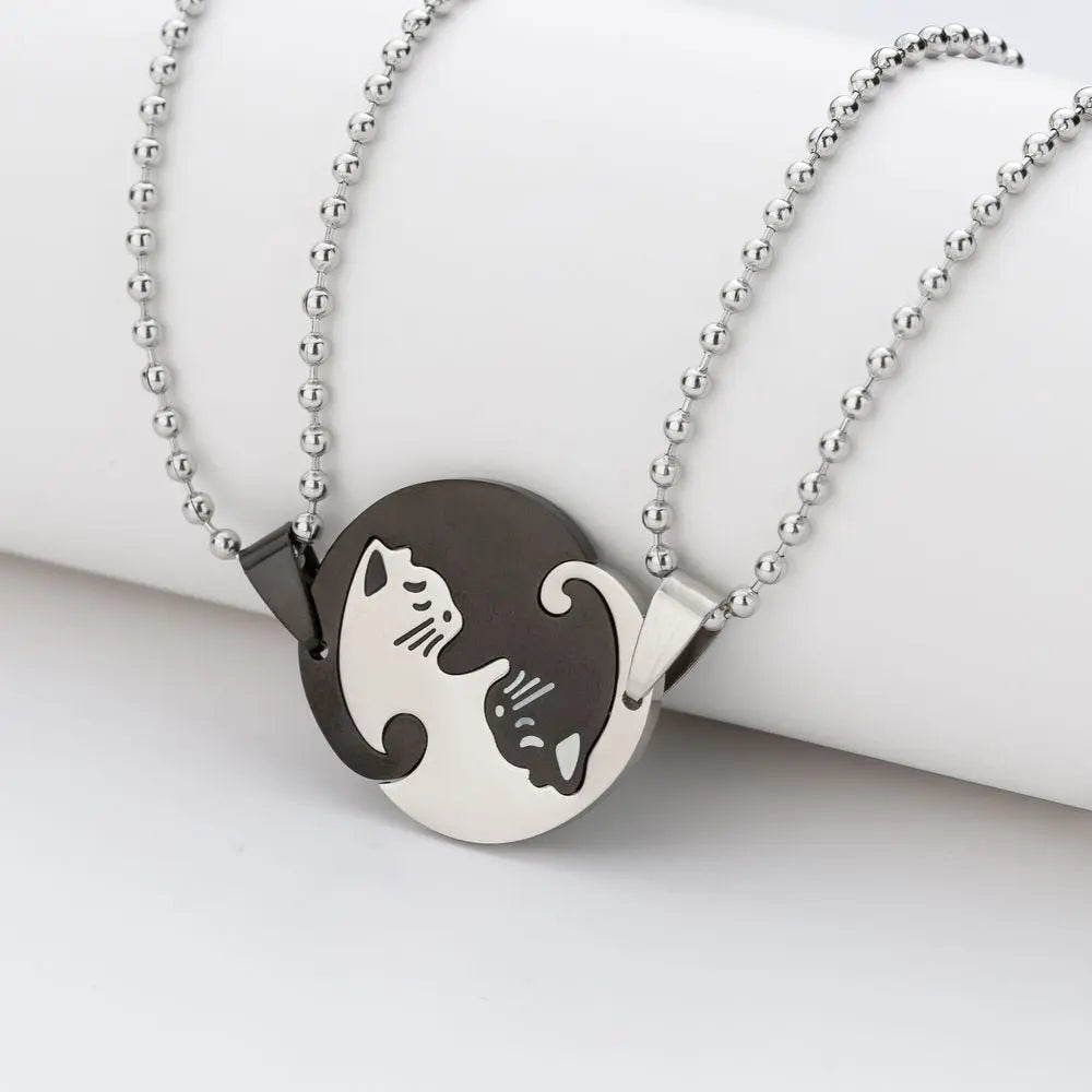 1 Set Couple Charm Cat Pendant Necklace Women Men Stainless Steel Girl Gift Jewelry Blue Cololr nowadaysfashion