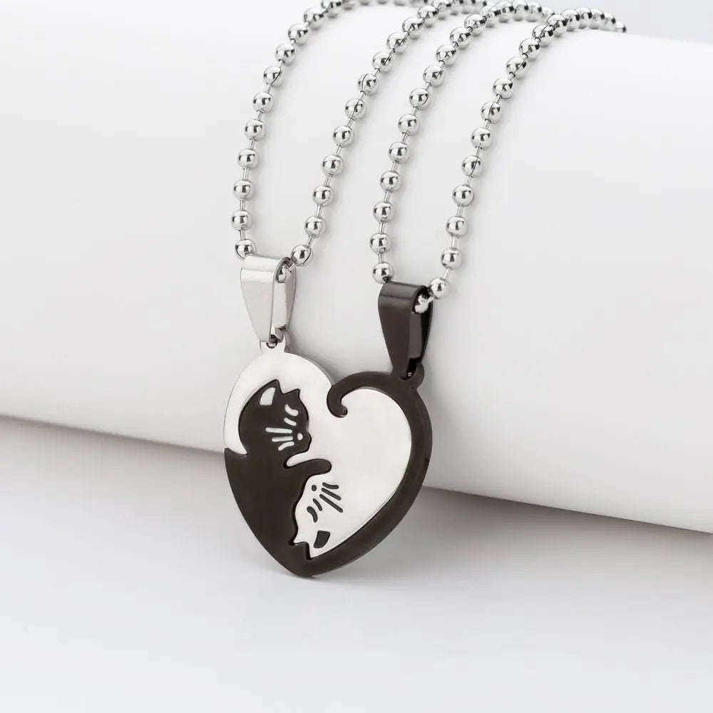 1 Set Couple Charm Cat Pendant Necklace Women Men Stainless Steel Girl Gift Jewelry Blue Cololr nowadaysfashion