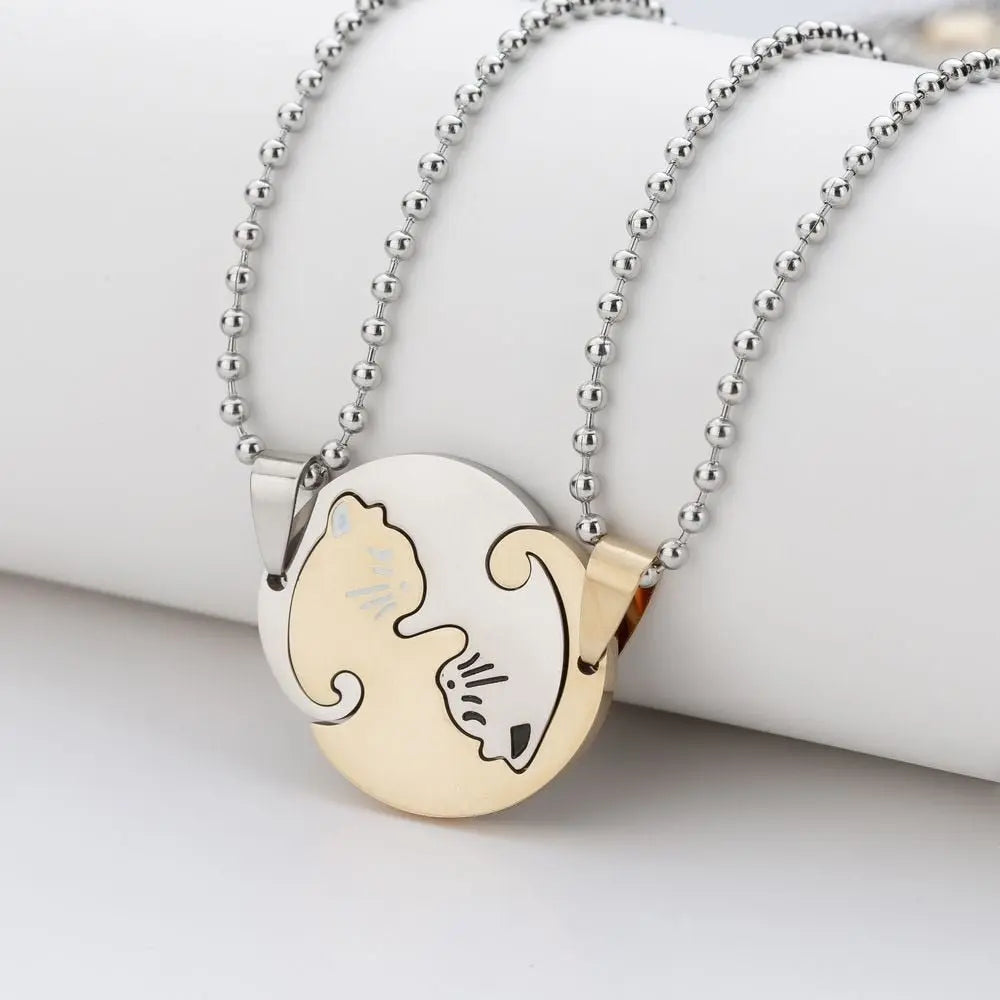 1 Set Couple Charm Cat Pendant Necklace Women Men Stainless Steel Girl Gift Jewelry Blue Cololr nowadaysfashion