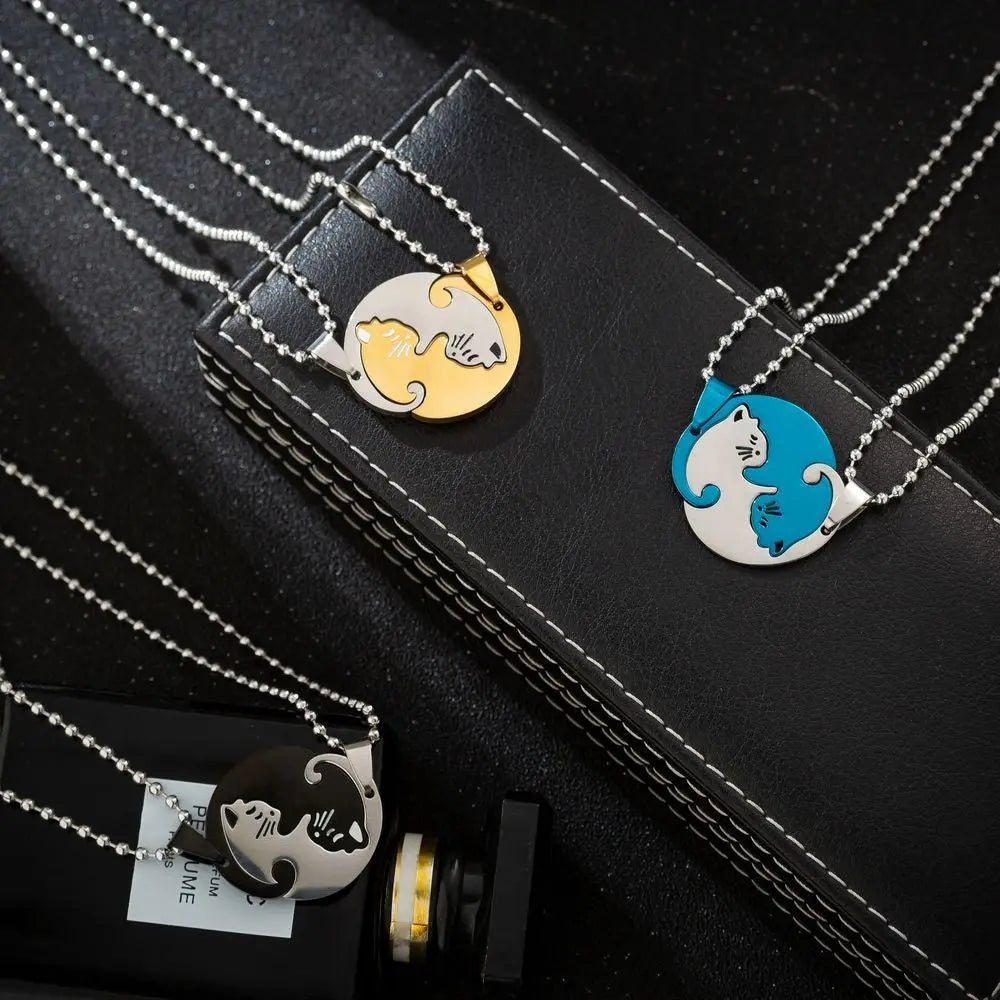 1 Set Couple Charm Cat Pendant Necklace Women Men Stainless Steel Girl Gift Jewelry Blue Cololr nowadaysfashion