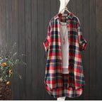 100% Cotton Plaid Shirt Long Sleeve Button Up Casua Loose Blouse Plus Size nowadaysfashion