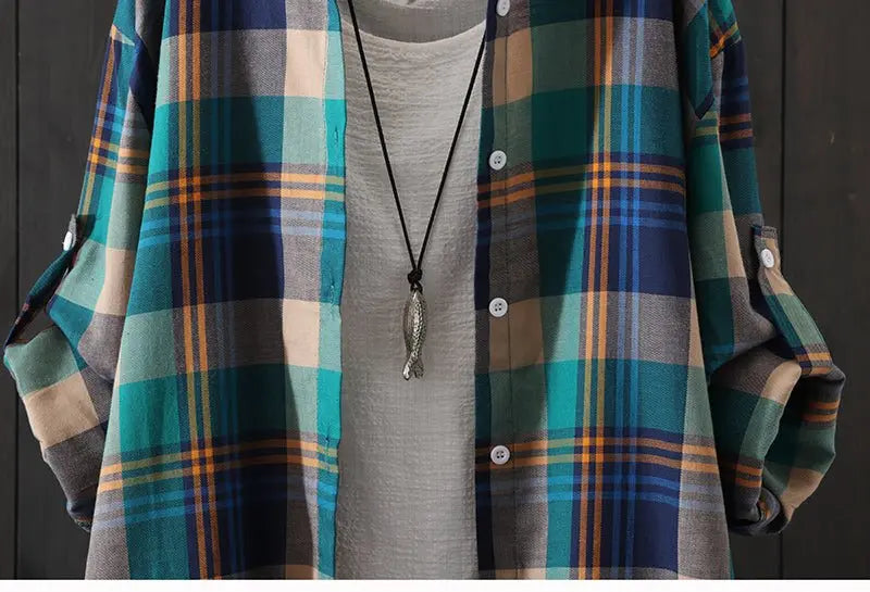 100% Cotton Plaid Shirt Long Sleeve Button Up Casua Loose Blouse Plus Size nowadaysfashion