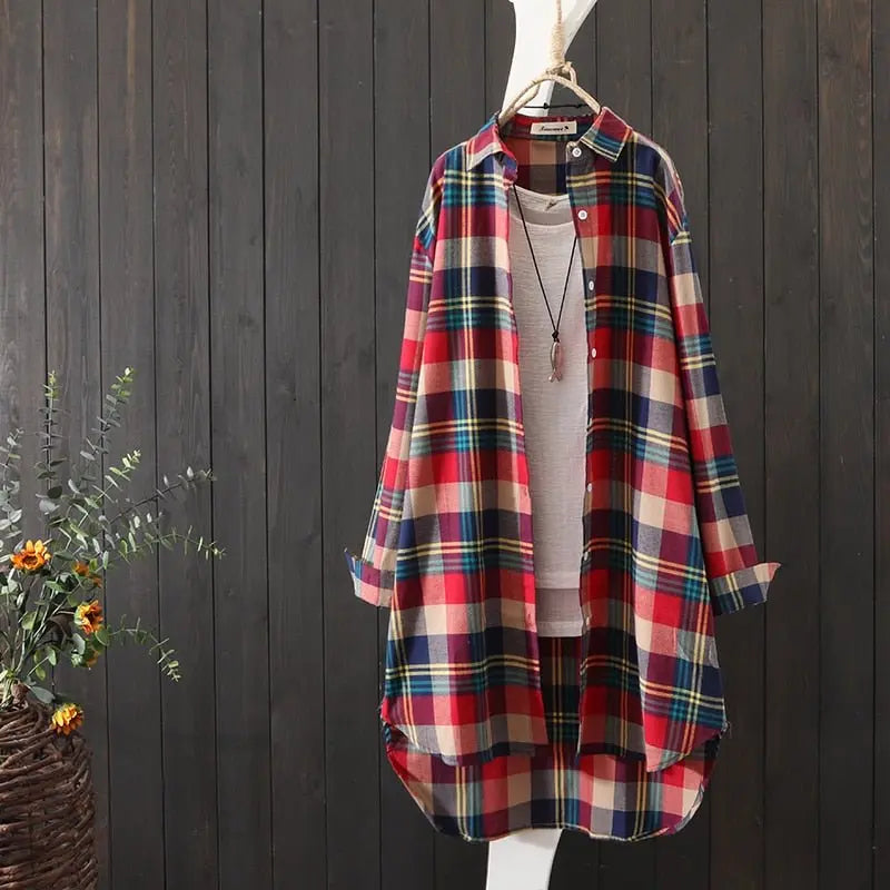 100% Cotton Plaid Shirt Long Sleeve Button Up Casua Loose Blouse Plus Size - Blade & Thread