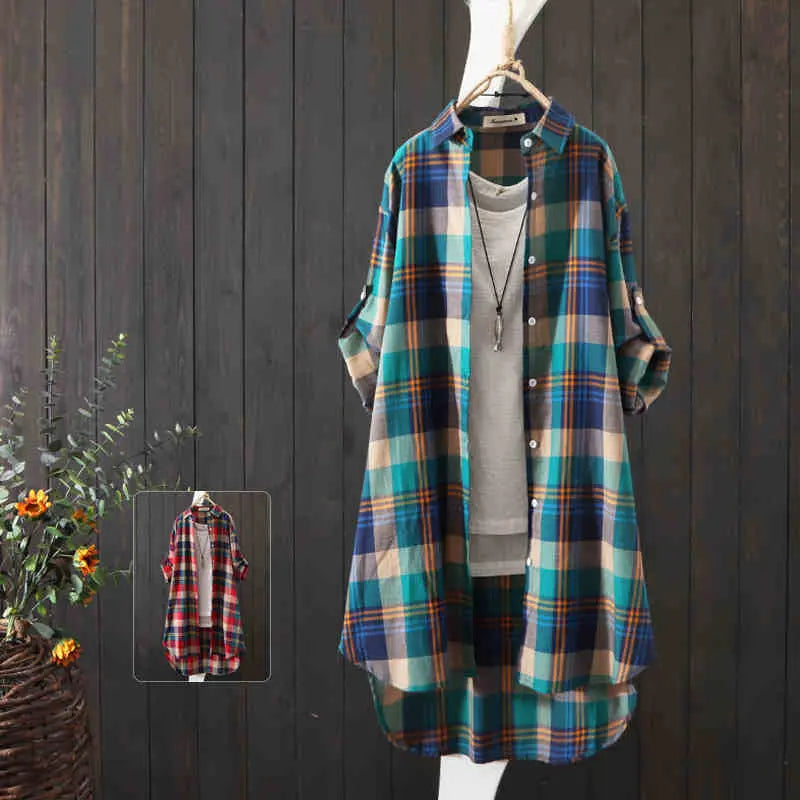 100% Cotton Plaid Shirt Long Sleeve Button Up Casua Loose Blouse Plus Size - Blade & Thread