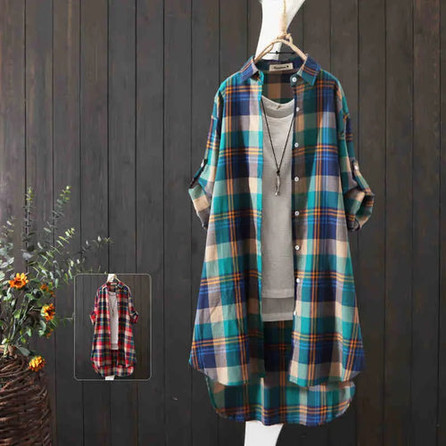 100% Cotton Plaid Shirt Long Sleeve Button Up Casua Loose Blouse Plus Size nowadaysfashion