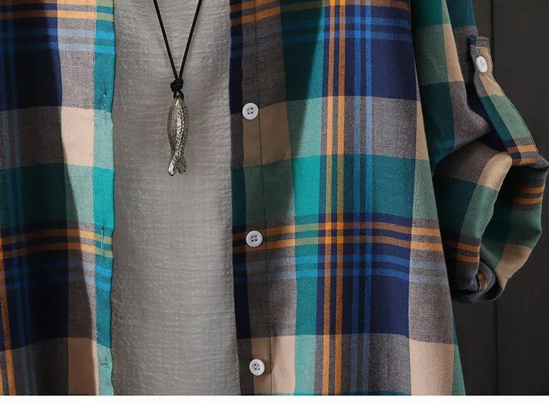 100% Cotton Plaid Shirt Long Sleeve Button Up Casua Loose Blouse Plus Size - Blade & Thread
