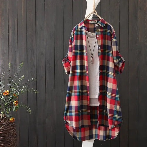 100% Cotton Plaid Shirt Long Sleeve Button Up Casua Loose Blouse Plus Size nowadaysfashion