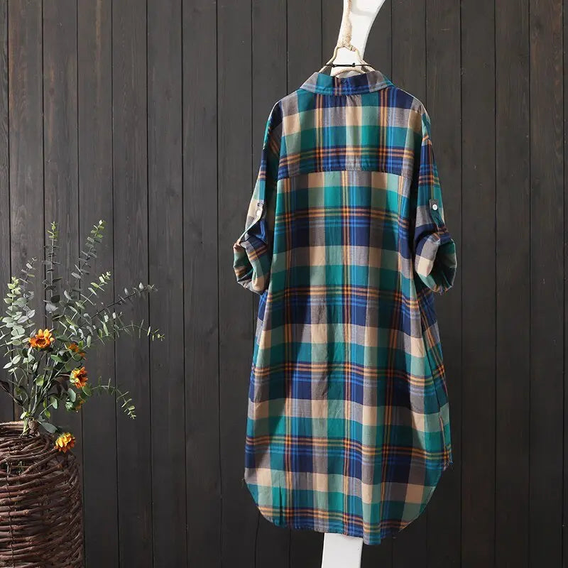 100% Cotton Plaid Shirt Long Sleeve Button Up Casua Loose Blouse Plus Size - Blade & Thread