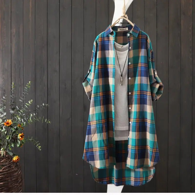 100% Cotton Plaid Shirt Long Sleeve Button Up Casua Loose Blouse Plus Size - Blade & Thread