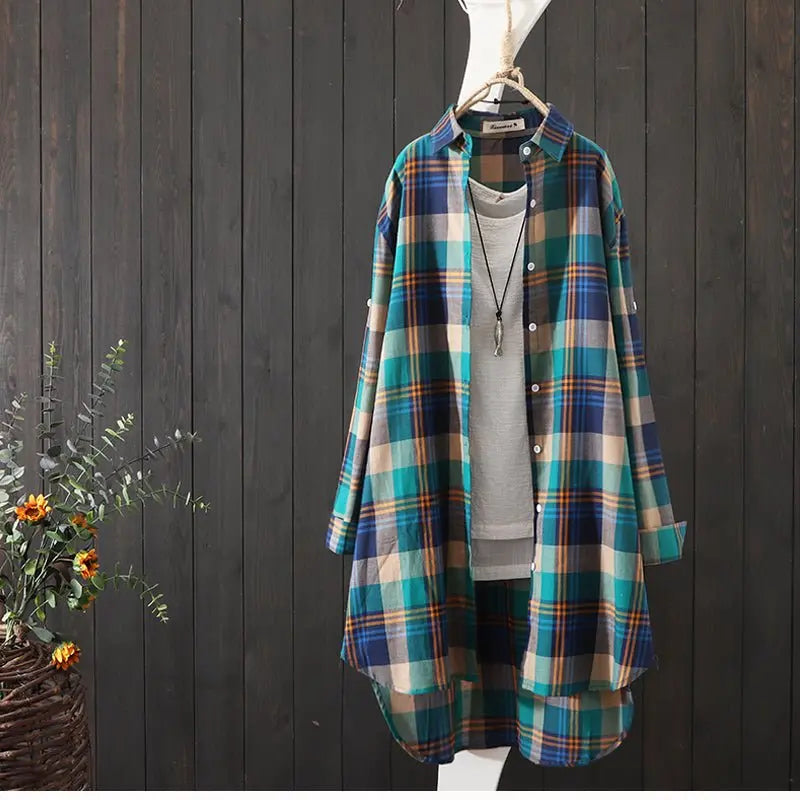 100% Cotton Plaid Shirt Long Sleeve Button Up Casua Loose Blouse Plus Size - Blade & Thread