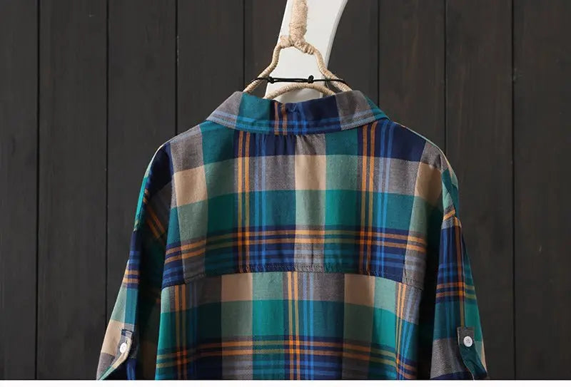 100% Cotton Plaid Shirt Long Sleeve Button Up Casua Loose Blouse Plus Size - Blade & Thread