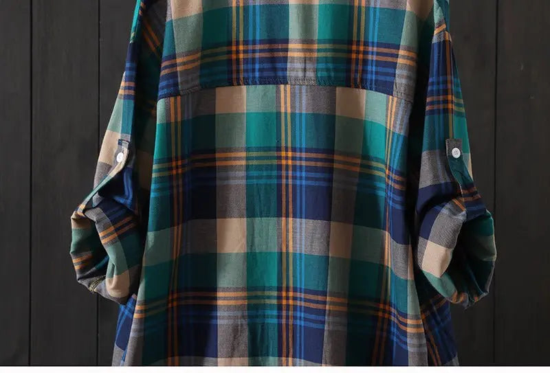 100% Cotton Plaid Shirt Long Sleeve Button Up Casua Loose Blouse Plus Size nowadaysfashion