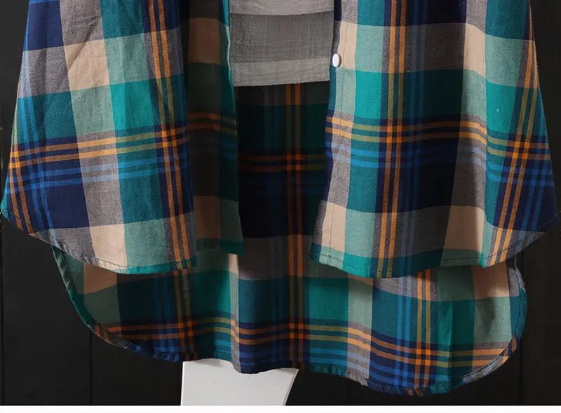 100% Cotton Plaid Shirt Long Sleeve Button Up Casua Loose Blouse Plus Size nowadaysfashion