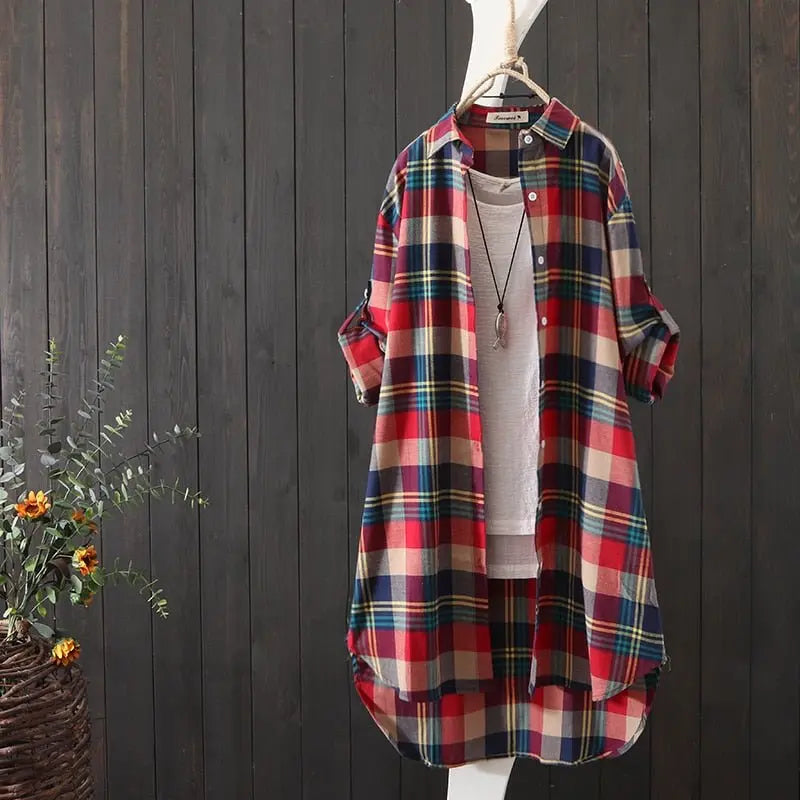100% Cotton Plaid Shirt Long Sleeve Button Up Casua Loose Blouse Plus Size nowadaysfashion
