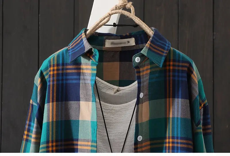 100% Cotton Plaid Shirt Long Sleeve Button Up Casua Loose Blouse Plus Size - Blade & Thread