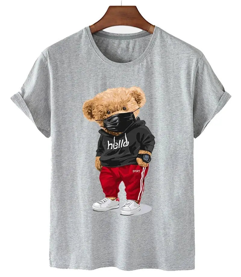 100% Cotton Sports Mask Bear Print Short-sleeved T-shirt Female Half-sleeved Casual Oversized T-shirt nowadaysfashion