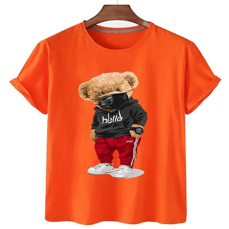 100% Cotton Sports Mask Bear Print Short-sleeved T-shirt Female Half-sleeved Casual Oversized T-shirt nowadaysfashion